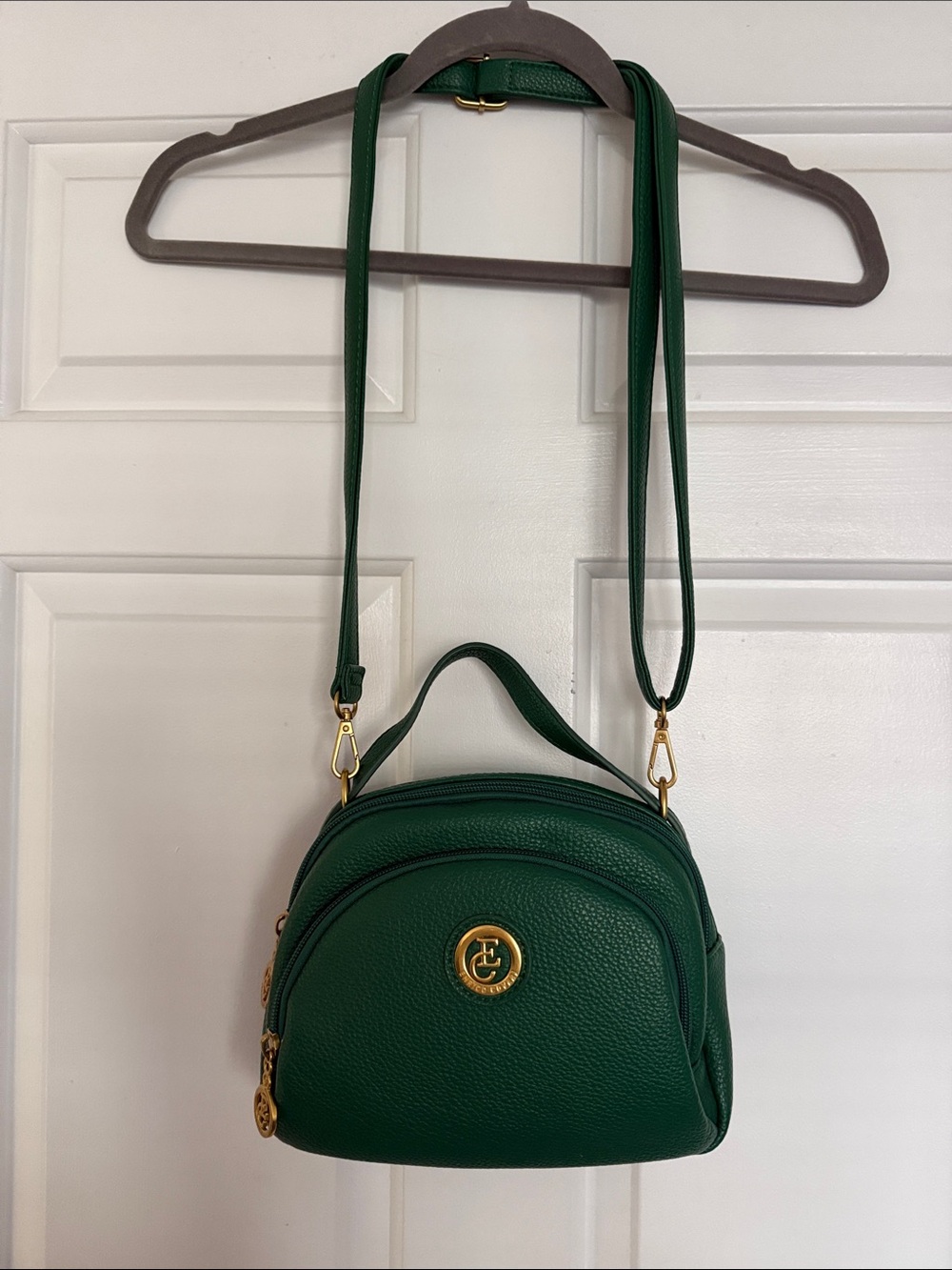 Emerald Green Pebbled Leather Crossbody with Gold Emblem